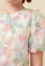 Girls Sequined Floral Applique Bubble Sleeve Top