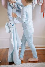 Dusty Blue Mini-Stripe Dog Lovey + Paci clip holder
