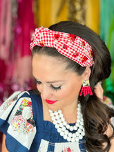 RED AND WHITE GINGHAM HEADBAND WITH CRYSTALS AND PEARLS
